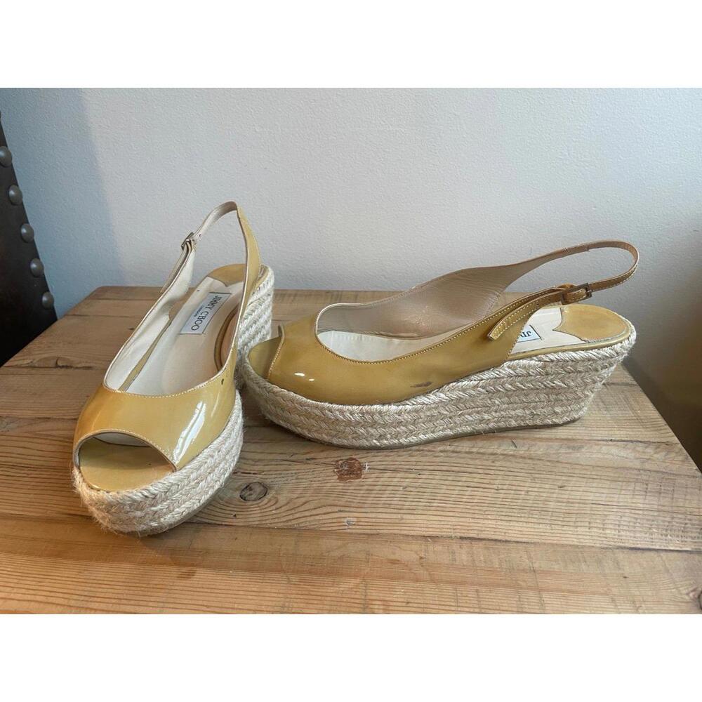 Jimmy Choo Yellow Patent Leather Slingback Espadrille Wedges (Size 40.5)